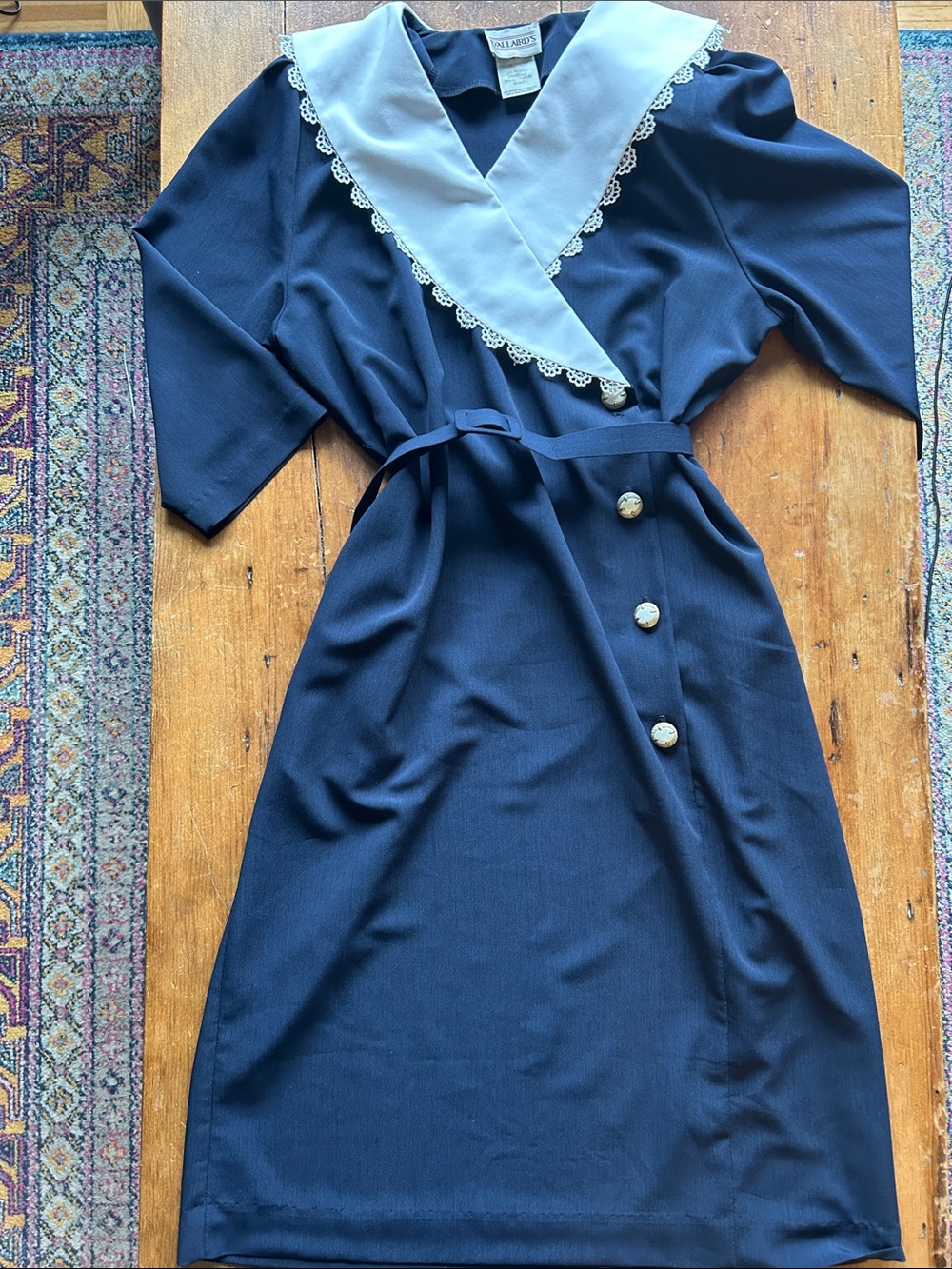 Vintage Navy Sailor Collar Dress • Lace Trim • Belted Wrap Style • Cottagecore - Picture 6 of 11